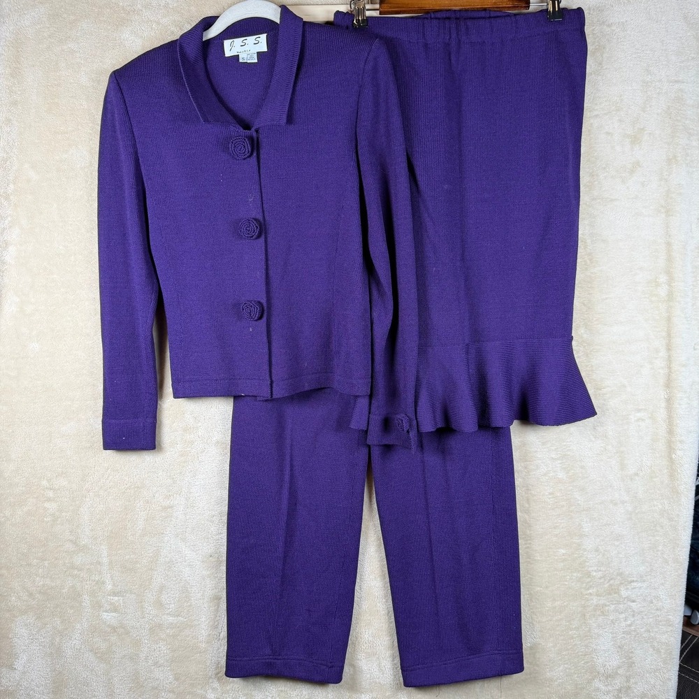 JSS Knitwear 3 Piece Set Purple Jacket Pants Skirt Rosetta Buttons Womens Small
